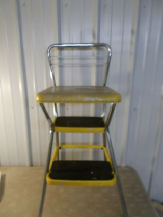 Vintage Yellow Chrome Cosco Retro Kitchen Flip - Up Seat 2 - Step Stool Steel Usa
