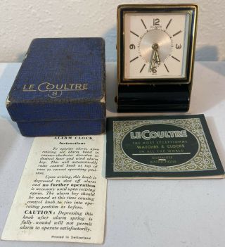 Lecoultre 8 - 2 Day Brass Folding Swiss Alarm Travel Clock W/ Box & Instructions