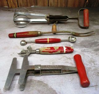Antique Primitive FIVE (5) Red Handled Kitchen Utensils Mixer,  Foley Copper etc. 3