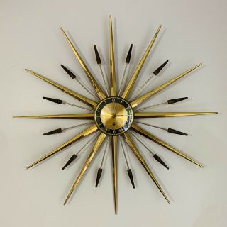 Roxhall Brass Walnut Mid Century Modern Starburst Clock Mcm 8 Day Sunburst Key
