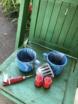 Antique Blue Swirl Enamelware Coffee Cups From The 1930s,  Red Handled Spatula