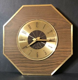 Seth Thomas Mid Century Modern Atomic Octagonal Wood Grain Gold Wall Clock