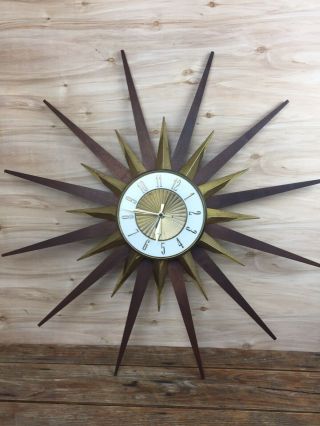For Repair Vtg Mid Century Elgin Starburst Wood Brass Wall Clock 27 Inch Parts