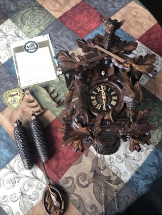 Stunning Old German Black Forest Hunter Deer Head Hand Carved Cuckoo Clock