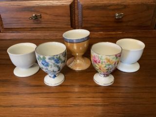 Vintage Soft Hard Boiled Egg Cup Holders,  Set Of 5,  Lusterware/floral & White