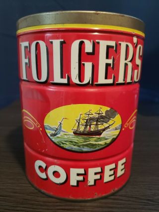 1946 Folgers Coffee Two Pound Key Wind Tin Can Empty No Lid