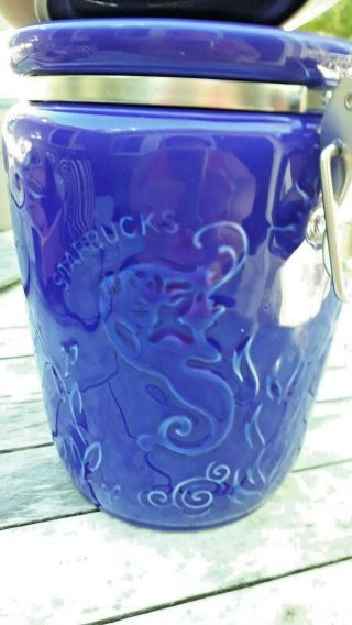 Starbucks Blue Ceramic Coffee Canister Embossed Siren Mermaid Deep Blue Tea