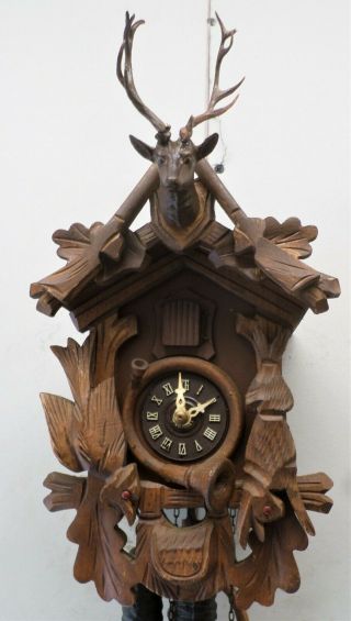 Stunning Old German Black Forest Hunter Deer Head Hand Carved Cuckoo Clock