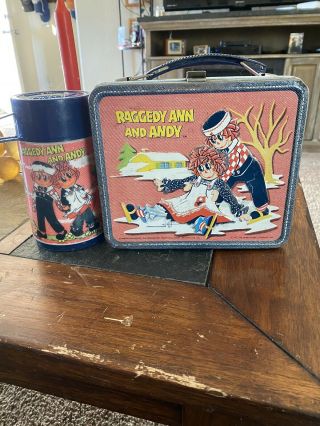 1973 Vintage Raggedy Ann And Andy Metal Lunch Box With Thermos