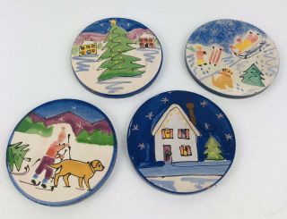 Set Of 4 Starbucks Coffee Hand Painted Christmas Coasters Ceramic Hungary 4 - 1/2”