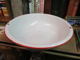 Vintage Red & White Porcelain Enamelware 13 " Wash Basin Bowl Mid 1900s Face Pan