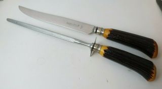 Vintage Sheffield Carving Knife & Sharpening Steel Bakelite Faux Stag Handles