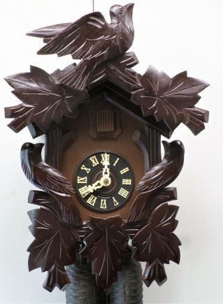 German Rustic Dark Mahogany 8 Day Black Forest Carved 3 Bird Cuckoo Clock
