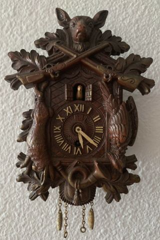 Lux U.  S.  A.  Diminutive Miniature Black Forrest Hunting Cuckoo Clock Running W/key
