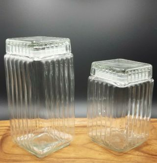 Vintage Storage Jars Square Clear Ribbed Glass Lids Large Medium
