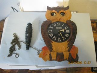 Old Carved Wood Owl Cuckoo Wall Clock Moving Eyes Non Kyowa Mfg Japan