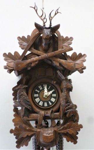 Stunning German Black Forest Hunter Deer Swiss 2 Tune Music Carved Cuckoo Clock