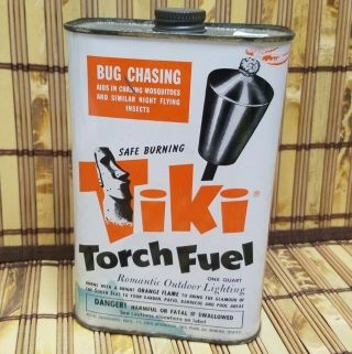Vtg Quart Tiki Torch Fuel Can John Charles Co Moai Tiki Bar Mug Advertising Sign
