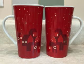 2013 Starbucks Holiday Coffee Mug Set White & Red Houses Village 16 Oz Latte