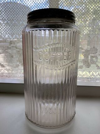 Vintage Ribbed Clear Glass Coffee Jar 8” X 4 - 3/8” With Aluminum Lid (hoosier?)