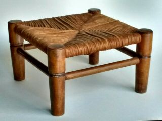Ex Vtg Hardwood Foot Stool W/ Natural Woven Reed Rush Wicker Seat Cabin Rustic