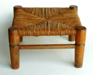EX Vtg Hardwood FOOT STOOL w/ Natural Woven Reed Rush Wicker Seat Cabin Rustic 3