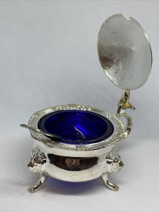Vintage Lidded Silver Plate Salt Cellar With Cobalt Blue Glass Insert And Spoon