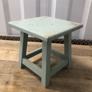 Small Vintage Aqua Blue Wooden Square Stool Plant Stand Stool Pedestal 9.  5x9.  5in