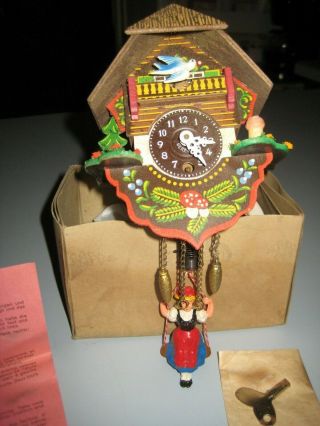 Miniature Vintage Germany Cuckoo Clock With The Lady On The Swing With Key Box