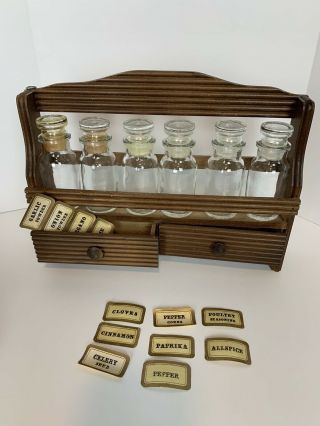 Vintage Wooden Spice Rack With Glass Bottles & Labels All Vintage
