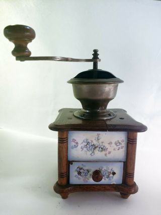 Antique Floral Enamel And Wood Coffee Grinder Rustic Vintage Kitchen Decor