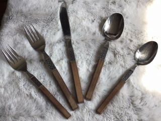 Set 5 Northland Anticipation Wood Handles Stainless 2 Forks,  2 Spoons,  1 Knife