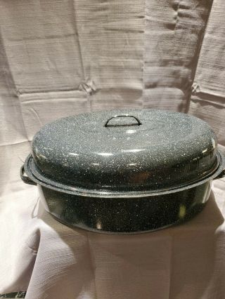 Black White Speckled Enamel 16 " Oval Roasting Pan With Lid
