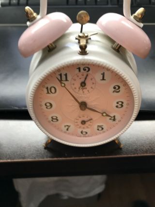 Wehrle Elgin Alarm Clock Wind - Up Clock Made In Germany Rare Pink & White