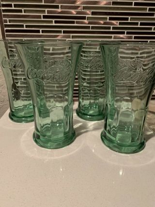 Vintage Set Of 4 Coca Cola Glass Green Libby Flared Tumbler Heavy 16oz