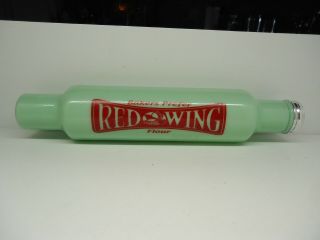 Red Wing Glass Jadeite Rolling Pin " Bakers Prefer Red Wing Flour "