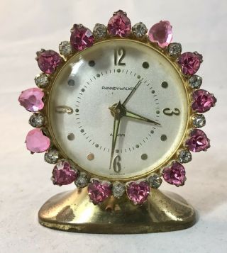 Vtg Phinney Walker German Alarm Clock Vanity Pink Rhinestone Goldtone