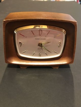 Vintage Phinney - Walker Alarm Clock Encased In Walnut Stained Wood W Brass Accent