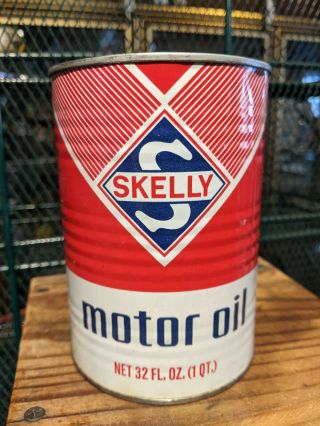 Vintage 1969 Skelly Motor Oil 1 Quart All Metal Red & White Ribbed Can
