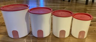 Tupperware Set Of 4 One - Touch Seal Canisters White/pink Lids Reminder Window
