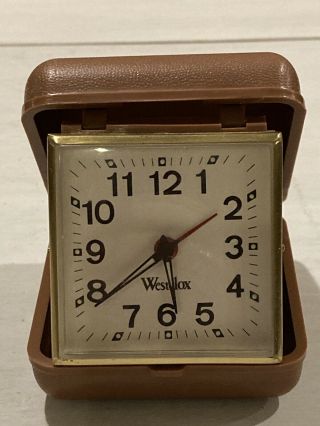 Vintage Portable Foldable Westclox Clock Wind Up Alarm Brown Travel Plastic Case