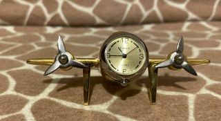 Vintage Timex Gold And Silver Tone Metal Airplane Figure Metal Clock - 1970 