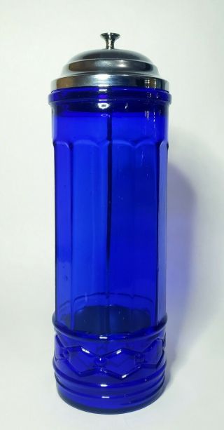 Vint.  Cobalt Blue Glass Straw Holder Restaurant Style Dispenser W/ Pull Up Lid