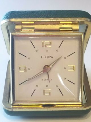 Vintage Europa Wind Up Fold Up Travel Alarm Clock Green Gold
