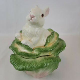 Kaldun & Bogle White Bunny Rabbit In Cabbage Hand Painted Ceramic Candy Dish