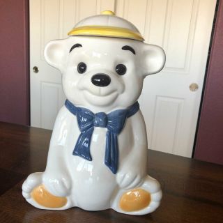 Adorable Treasure Craft White Teddy Bear Baseball Cap & Blue Bow Tie Cookie Jar