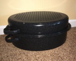 Black Speckled Enamel Oval Roasting Pan With Lid & Rack 16”x12” A33