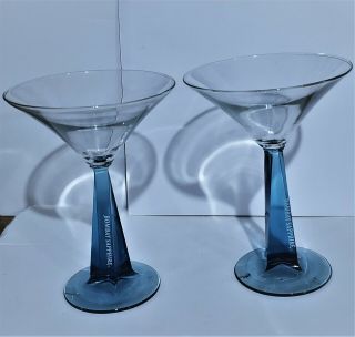 2 Vtg Bombay Sapphire 4 Sided Twist Square Blue Stem Martini Glasses