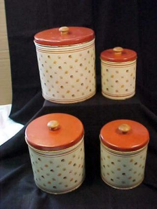 4 Piece Vtg Kitchen Counter Canister Set 1940s 1950s Wooden Knobs