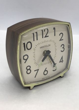 Mid Century Modern Westclox Alarm Wind Up Clock Plastic Wood Grain Made In Usa